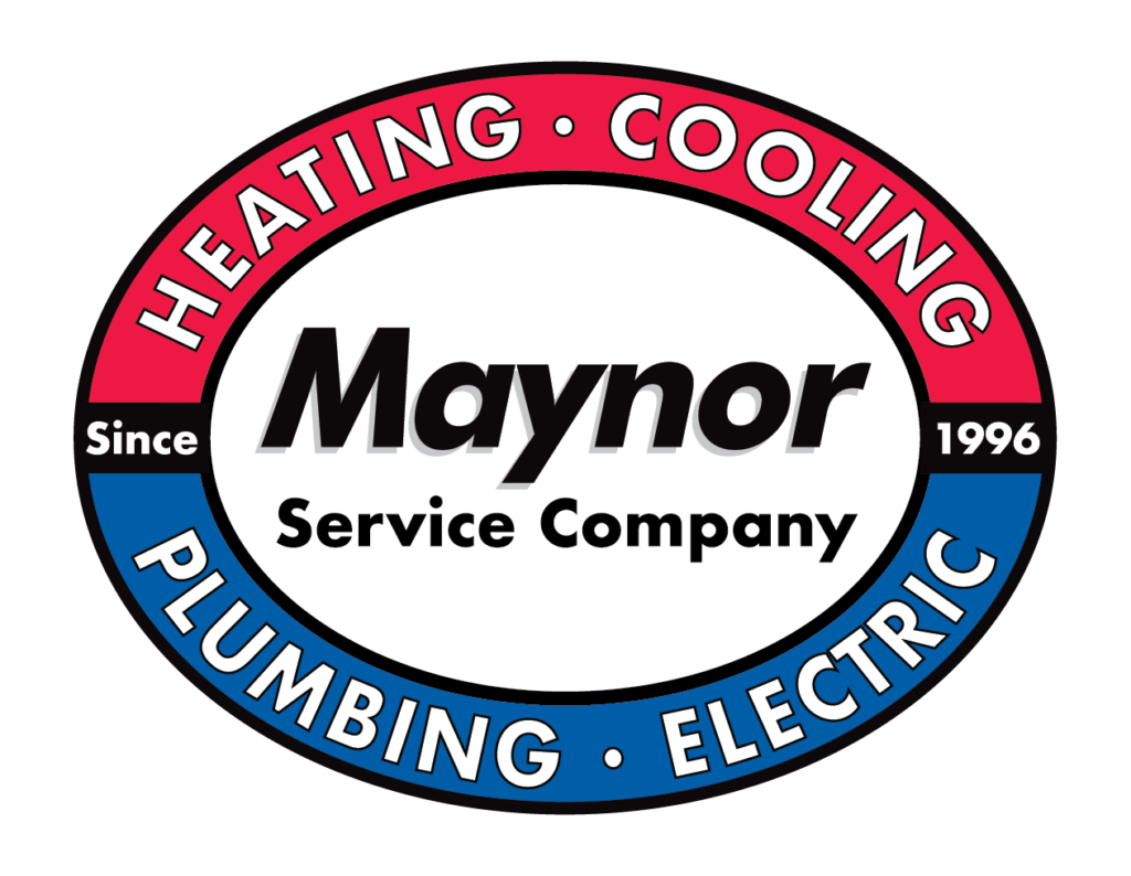 Maynor Service Company logo. An oval with HEATING • COOLING at the top in red, PLUMBING • ELECTRIC at the bottom in blue, and Since 1996 on the sides. Maynor Service Company is in bold black text in the center.