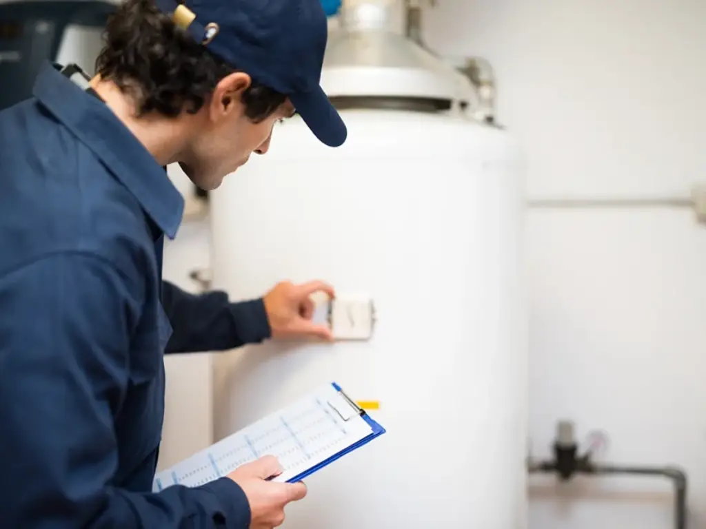 A technician in a blue uniform and cap checks a control on a large white water heater while holding a clipboard with a checklist in a utility room.